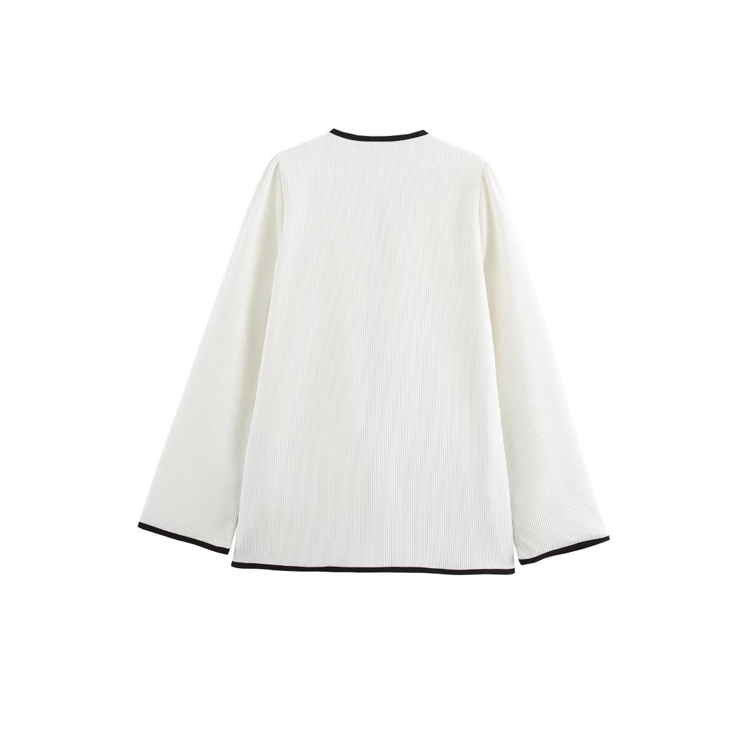 Dam Elegant Kort Jacka utan Krage med Contrast Piping, Ties och Utanpåfickor