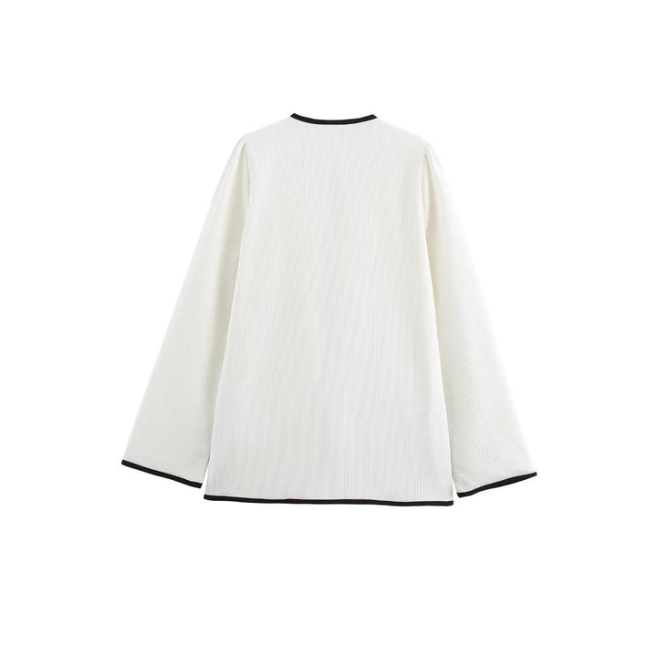 Dam Elegant Kort Jacka utan Krage med Contrast Piping, Ties och Utanpåfickor