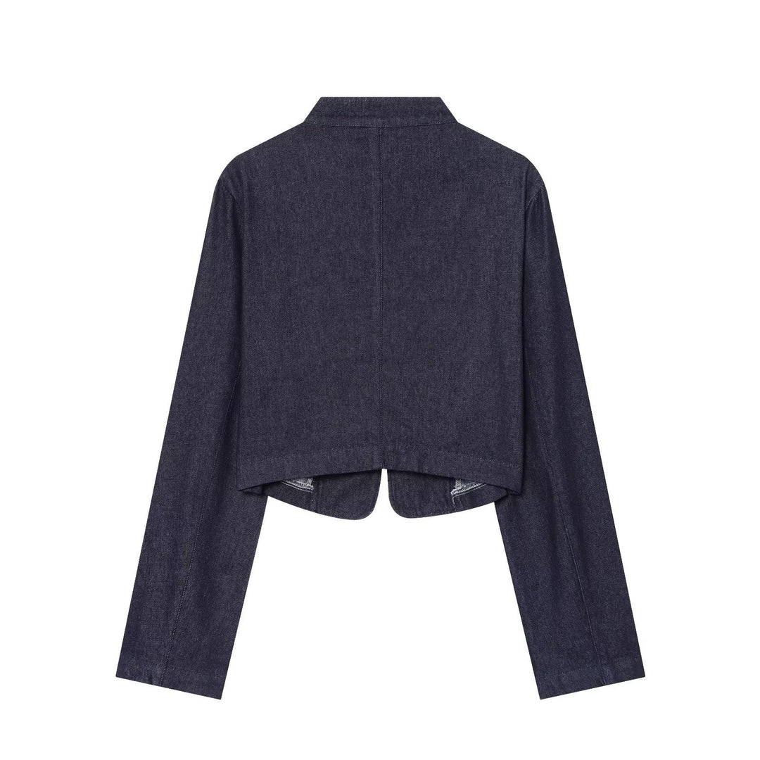 Dam kort denim Military jacka med ståkrage och dekorativ knappslå