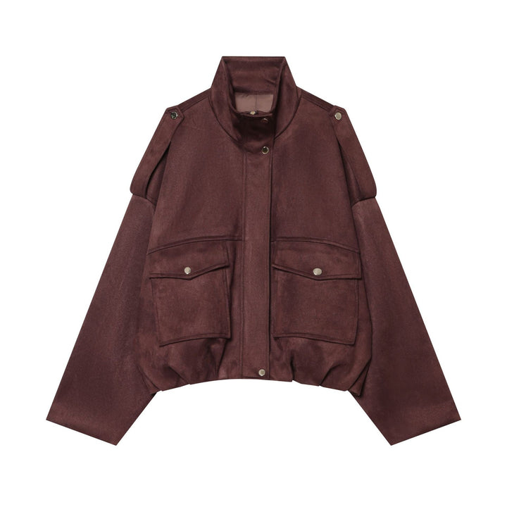 Dam kort velour blouson med ståkrage, axel piping och flapped fickor