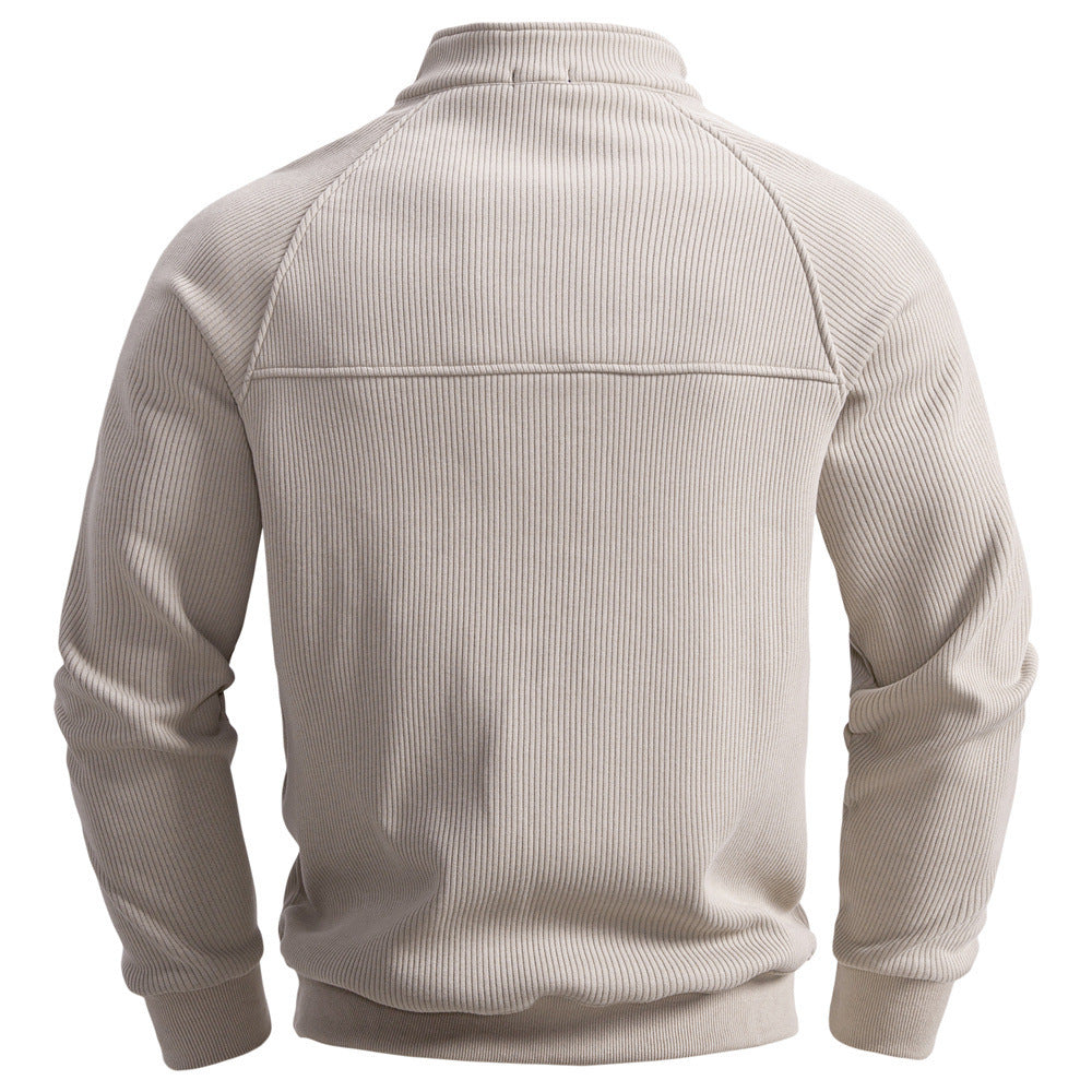 Herr Fin Ribbad Halv Dragkedja Pullover med Ståkrage, Raglanärmar, och Elastiska Muddar