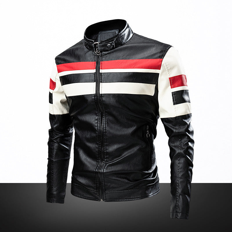 Herr retro-inspired motorcycle läder jacka med racing ränder och ståkrage