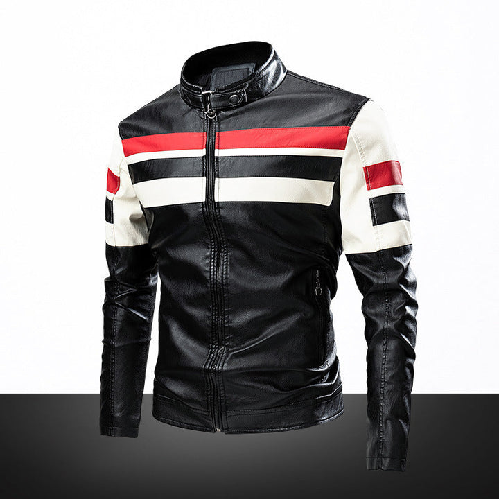 Herr retro-inspired motorcycle läder jacka med racing ränder och ståkrage