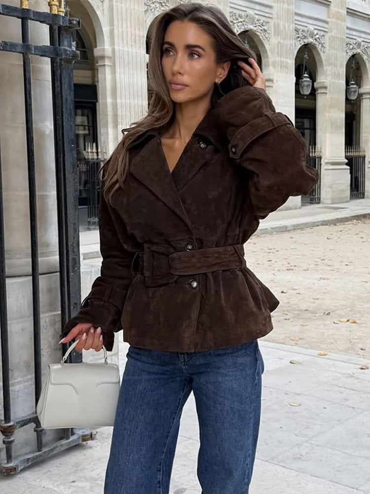 Dam modeable Mocka Jacka med Midja Belt och Voluminous Ärmar