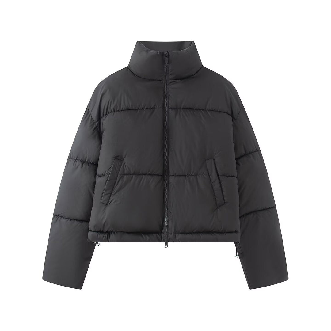 Dam Kort Oversized Pufferjacka med Hög Ståkrage och Tvåvägsdragkedja
