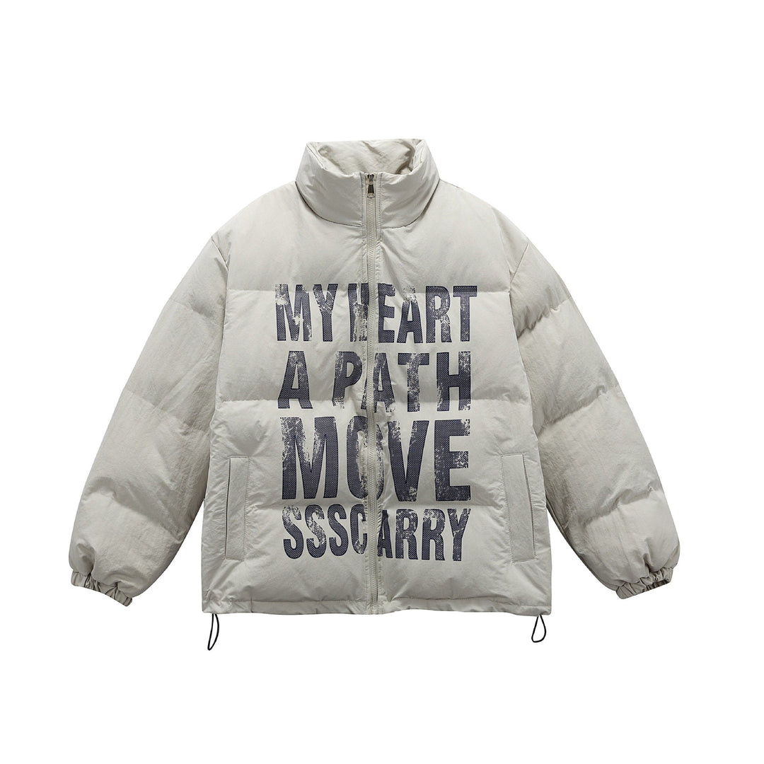 Unisex Oversized Vadderad Jacka med Hög Ståkrage och Statement Tryck