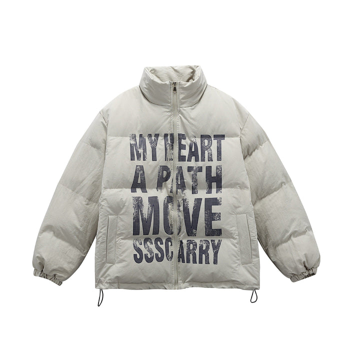 Unisex Oversized Vadderad Jacka med Hög Ståkrage och Statement Tryck