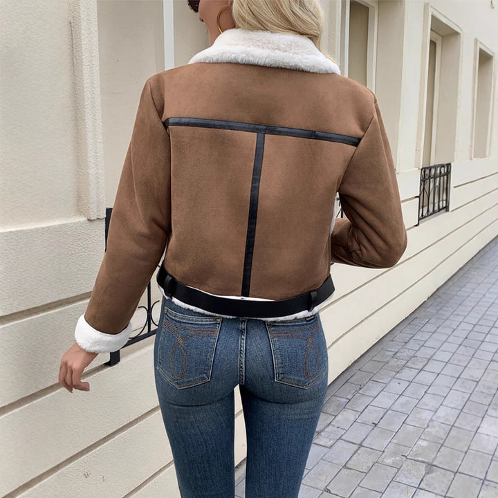 Dam Fashion Teddy pälsjacka med läder detaljer