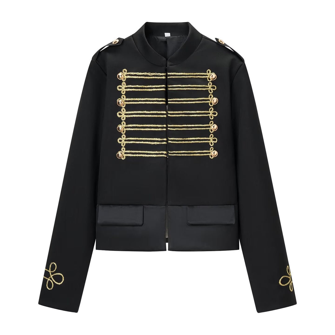 Dam Kort Parade Jacka i Uniform Stil med Decorative Cords och Lockfickor