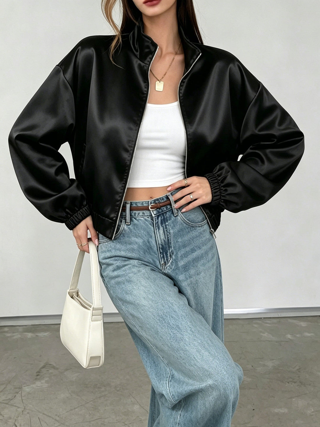 Dam Kort Satin Bomber Jacka med Ståkrage och Dragkedja
