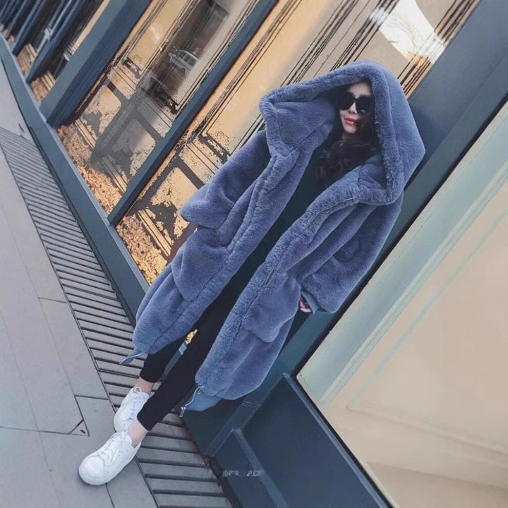 Dam oversize Fusk Päls Kappa med huva och Fickor