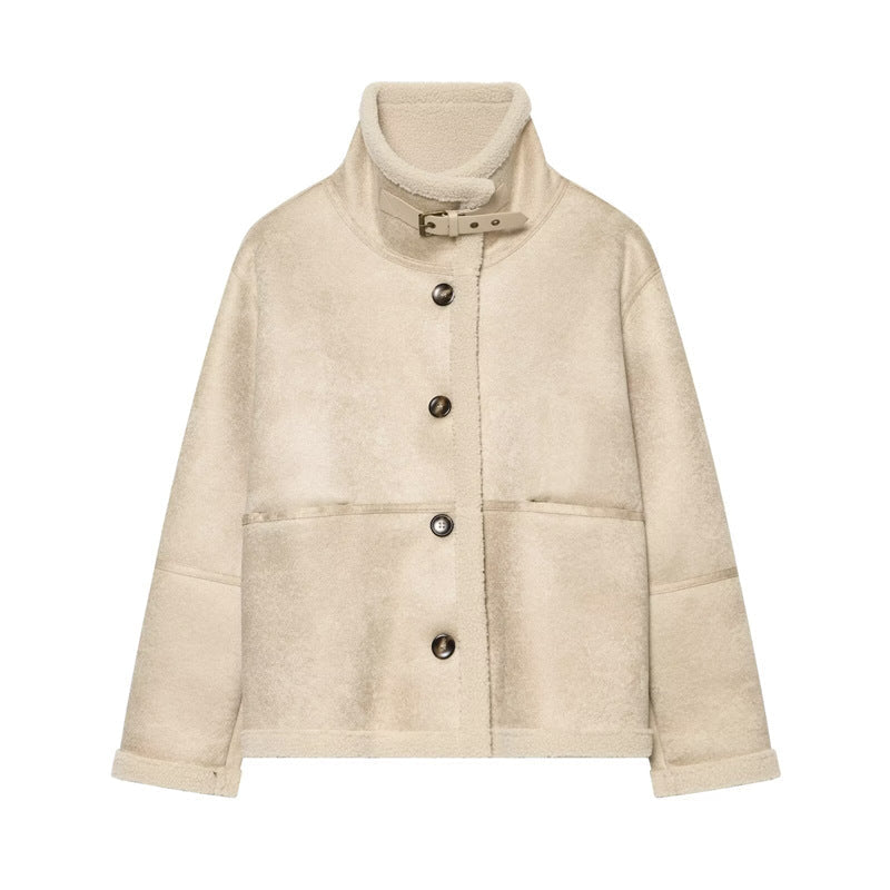 Dam Kort Jacka i Lambskin Look med Ståkrage, Knapp och Buckle Stängning