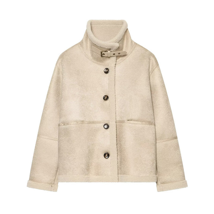 Dam Kort Jacka i Lambskin Look med Ståkrage, Knapp och Buckle Stängning