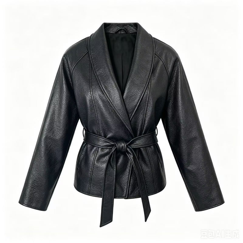 Dam Tailored Jacka i Konstläder med Shawl Krage och Tie Belt