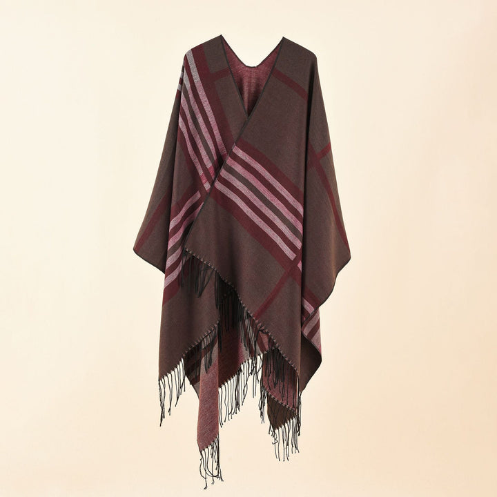 Dam Kastiger Ruana Wrap med Fringes och Diagonal Stripe Jacquard