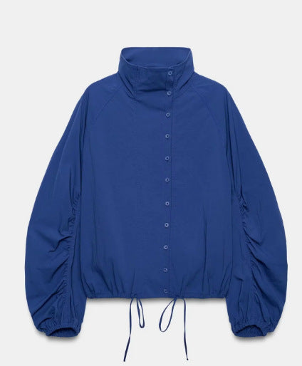 Dam Kort Skärning Ull Blend Jacka med Stå Krage, Dragkedja och Balloon Ärmar