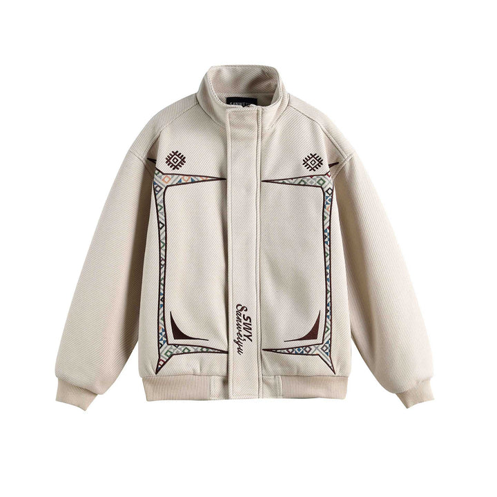 Dam Lätt Ståkrage Jacka med Folk Embroidery Appliqués och Ribbstickade Muddar