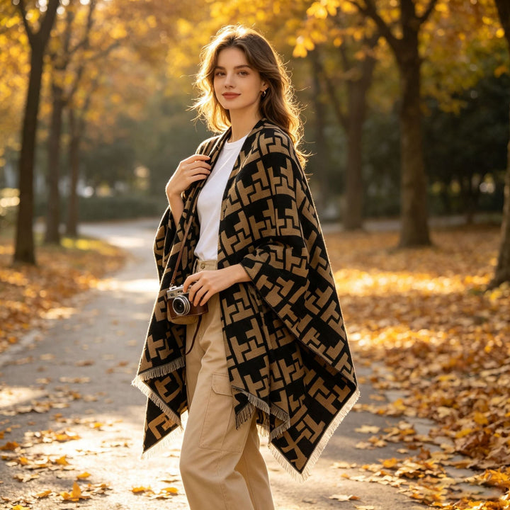Dam Oversize Cape med Geometric Jacquard och fransfåll