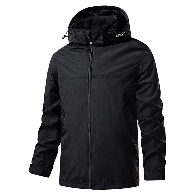 Herr Lätt Packable Regn och Vind Jacka med Justerbar Huva och Microfleece Krage