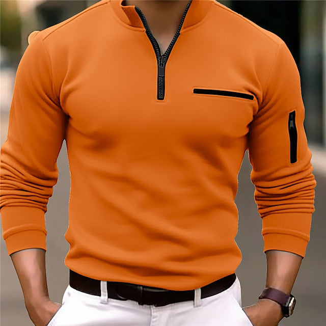 Herr Smal-Passform Pullover med Halv Dragkedja, Bröst och Ärm Ficka
