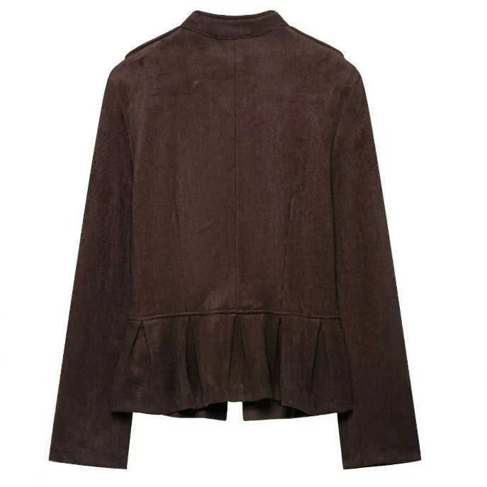Dam Military Jacka Tillverkad av Suede Imitation med Stå Krage och Flounce