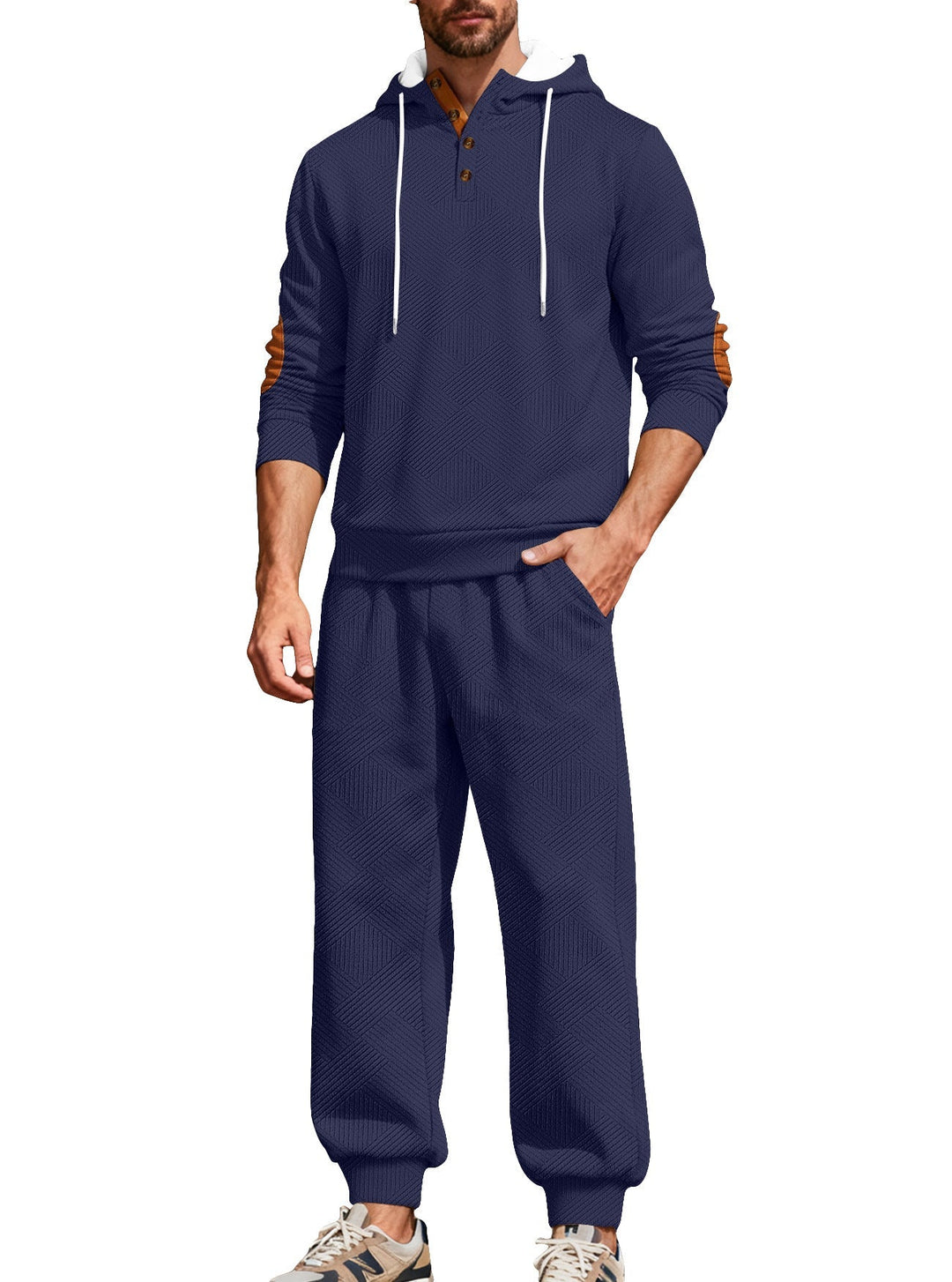 Herr Textured Luvtröja Jogging Set med Henley Knapplist och Contrast Elbow Lappar