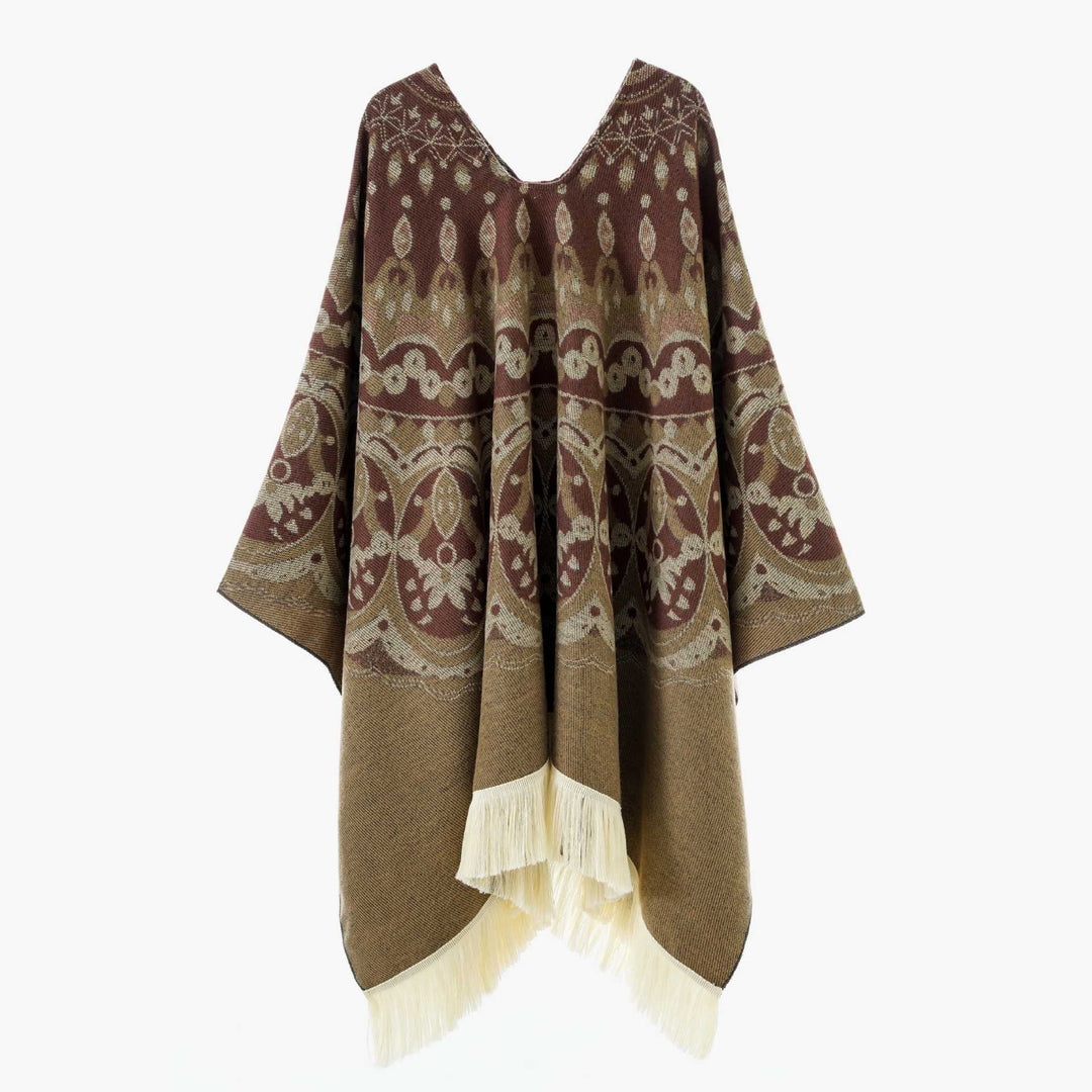 Dam Woven Jacquard poncho med V-Neck, Ethno tryck och Fringes