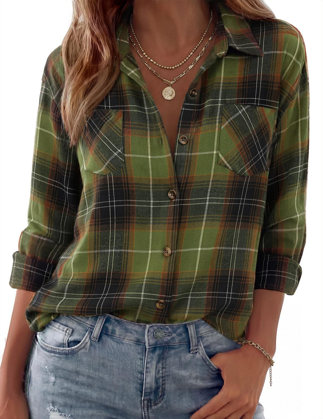 Dam Rutig Oversized Flanell Skjorta Jacka med Bröst Fickor
