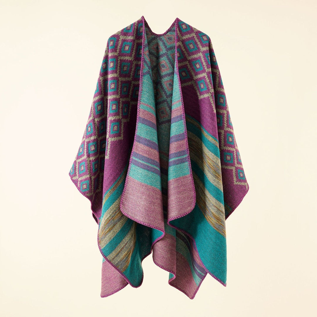Dam Reversible Serape poncho i Jacquard Weave med Geometric Square mönster