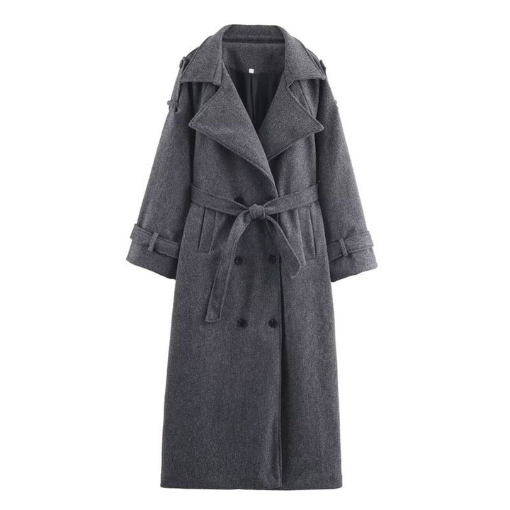 Dam Lång Dubbel-Breasted Ullblandning Trenchcoat med Bälte och Breda Slag