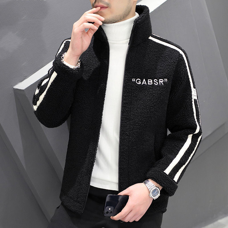 Herr Teddy Fleece Blouson med Ståkrage, Dragkedja och Kontrast Ränder