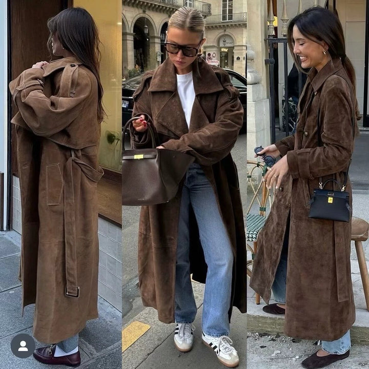 Dam lång oversize Velour läder trenchcoat med knytband och Shoulder Straps
