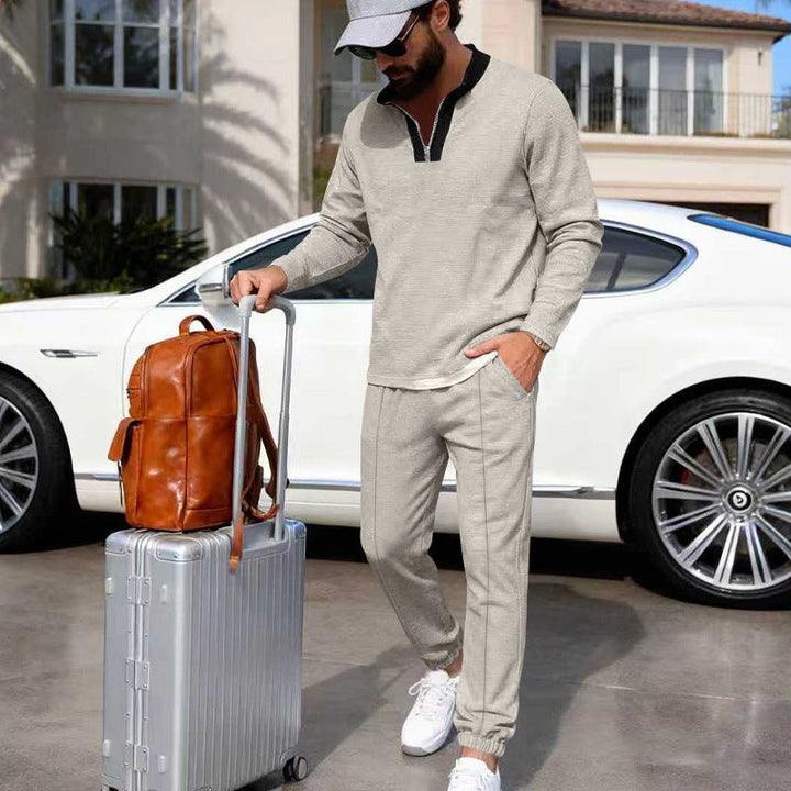 Herr Lätt Henley Loungewear Set med Contrast Krage, Dragsko Joggingbyxor och Elastiska Muddar