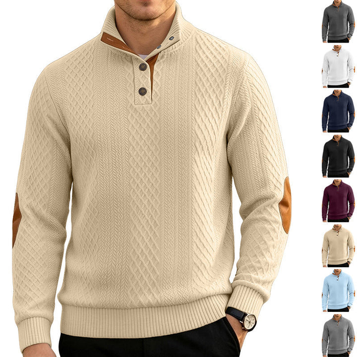 Herr Cable Stickad Jumper med Ståkrage och Läder Look Elbow Lappar