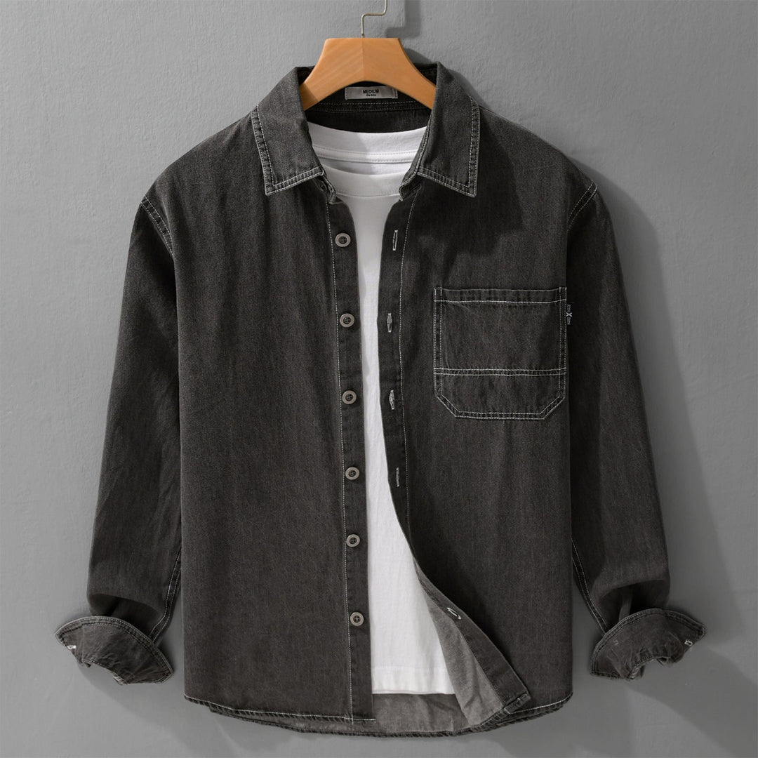 Herr Washed Denim Overshirt i Arbetskläder Look med Kontrast Stitches