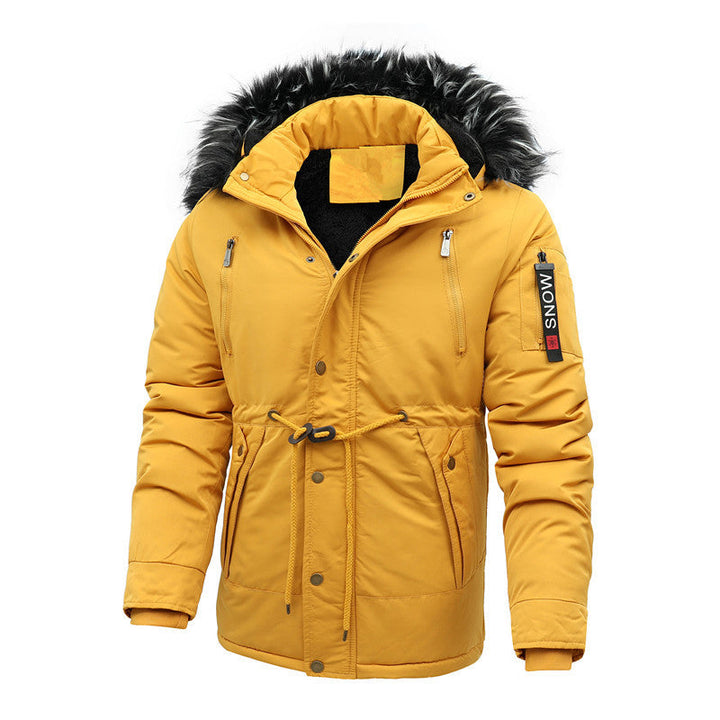 Herr vadderad parka jacka med fusk päls huva och midja drawstring