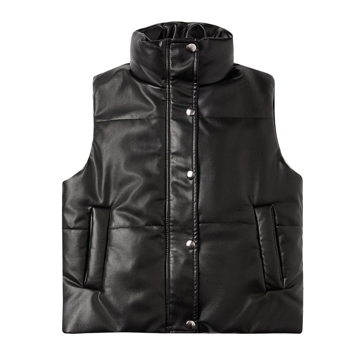 Dam quiltad konstläder väst med high standing krage och concealed snap knäppning