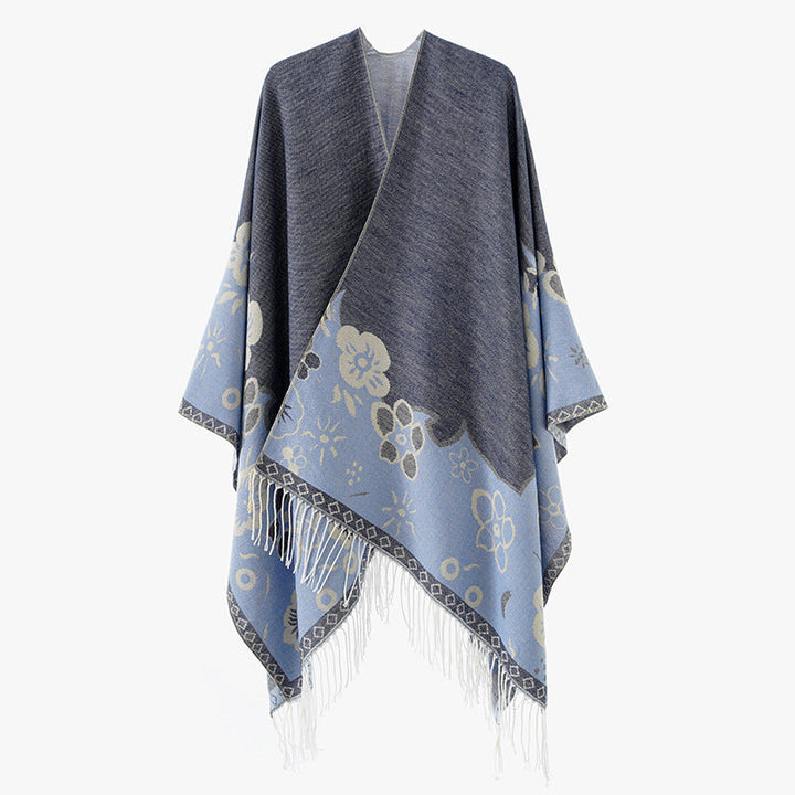 Dam kimono-stil oversized poncho tillverkad av Jacquard stickad med Floral Border design och fransfåll