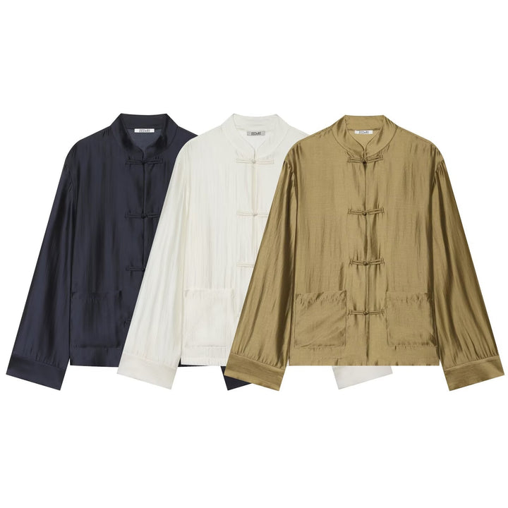 Dam Mandarin Krage Jacka med Chinese Knot Fastenings och Patch Fickor