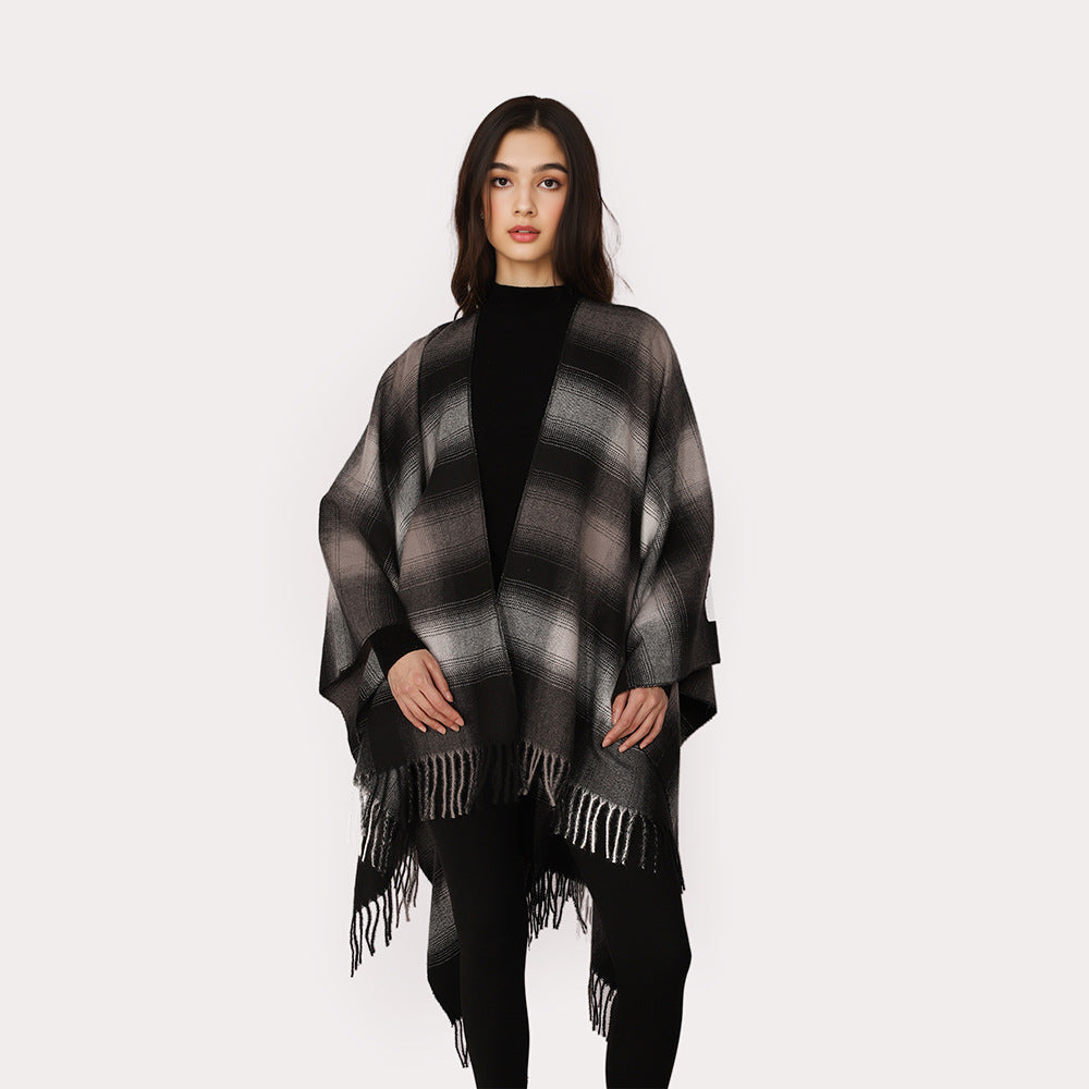 Dam Oversize ullblandning poncho Cape med Ombre Check mönster och fransfåll