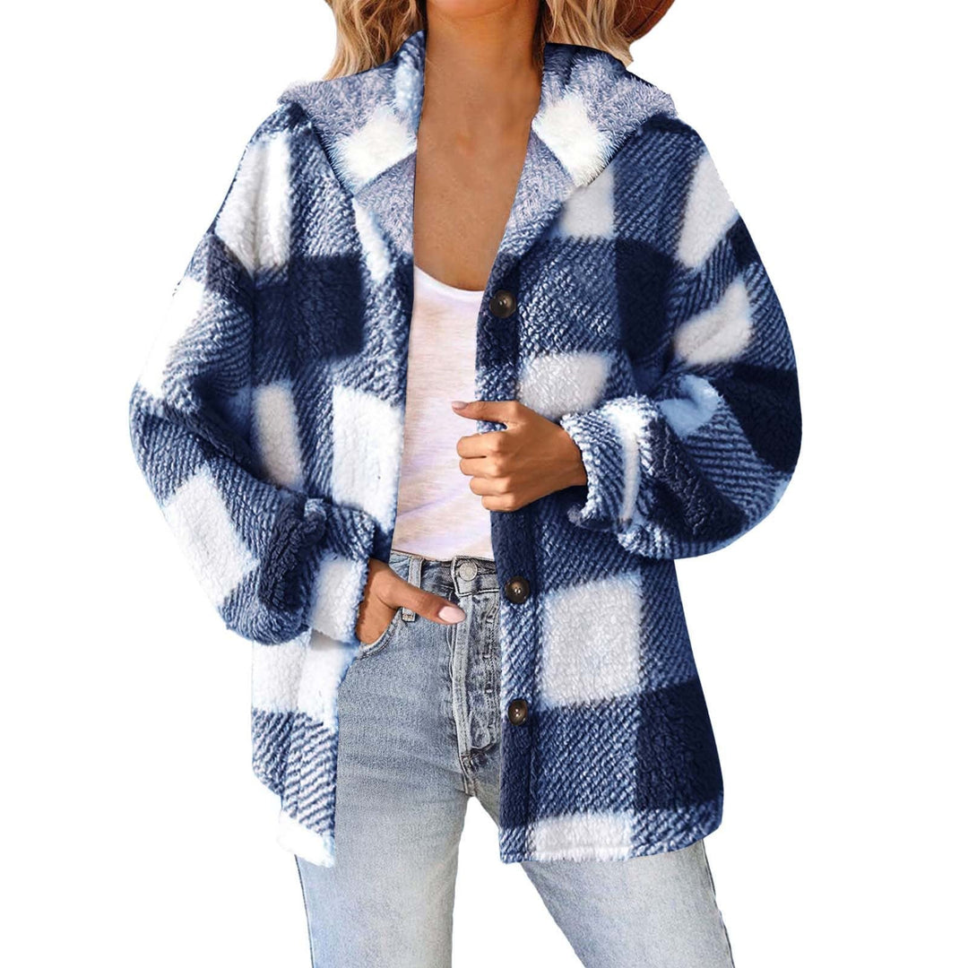Dam fluffy rutig teddy jacka med huva, button closure och oversized passform