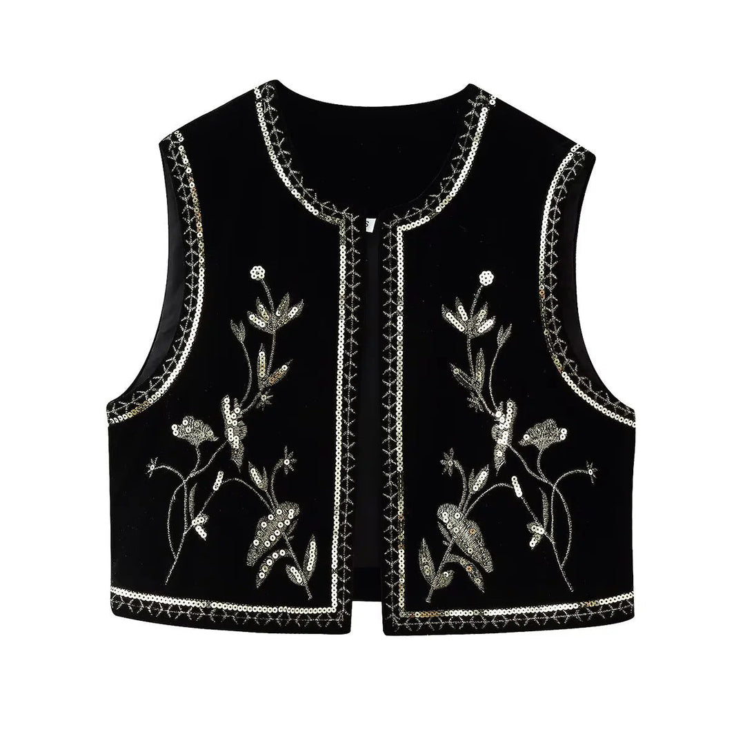 Dam embroidered velvet väst med sequin floral decoration, öppen front och decorative kant
