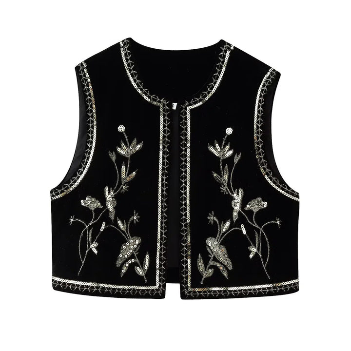 Dam embroidered velvet väst med sequin floral decoration, öppen front och decorative kant