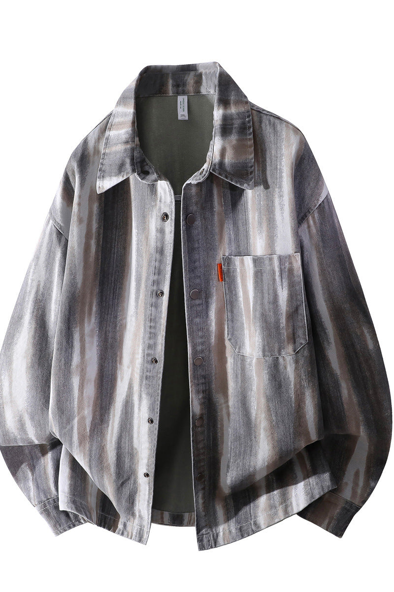 Herr Oversized Skjortjacka i Watercolor Rand Look med Breast Ficka &amp; Mjuk Bomullsblandning