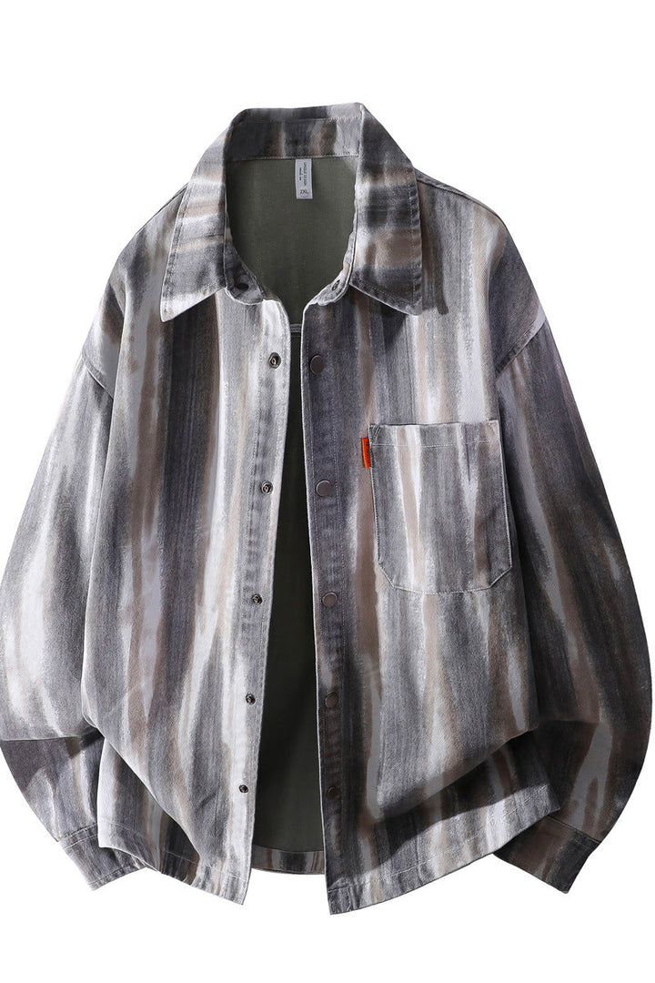 Herr Oversized Skjortjacka i Watercolor Rand Look med Breast Ficka &amp; Mjuk Bomullsblandning