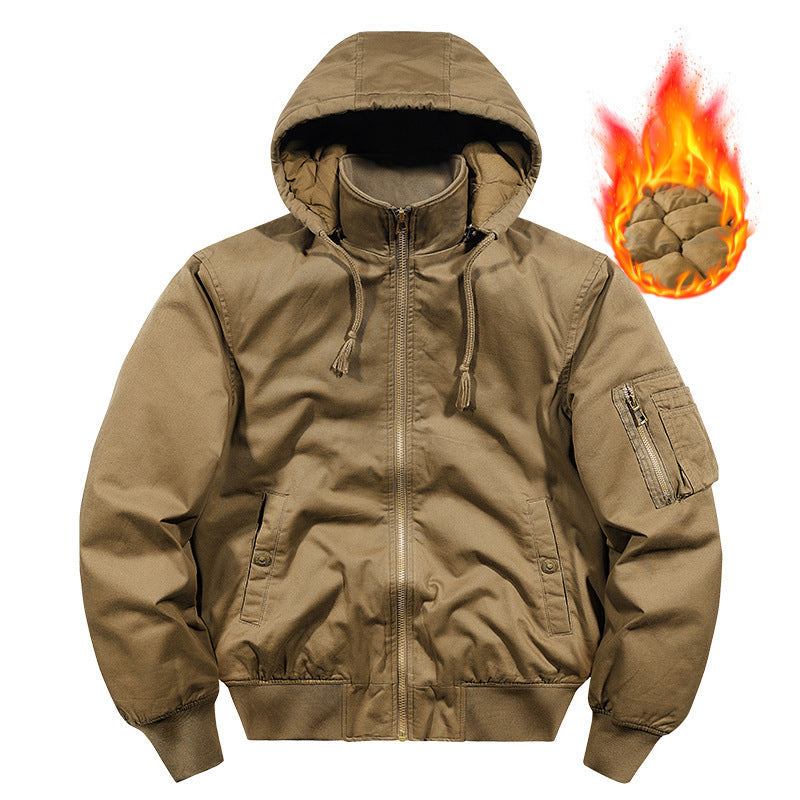 Herr Vadderad Hoodie Canvas Fältjacka med Ärm Ficka och Termisk Foder