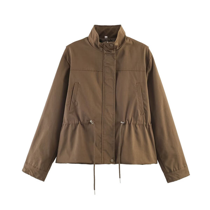Dam skräddad kort Parka med dragsko, Standing krage och dold Snap knappslå
