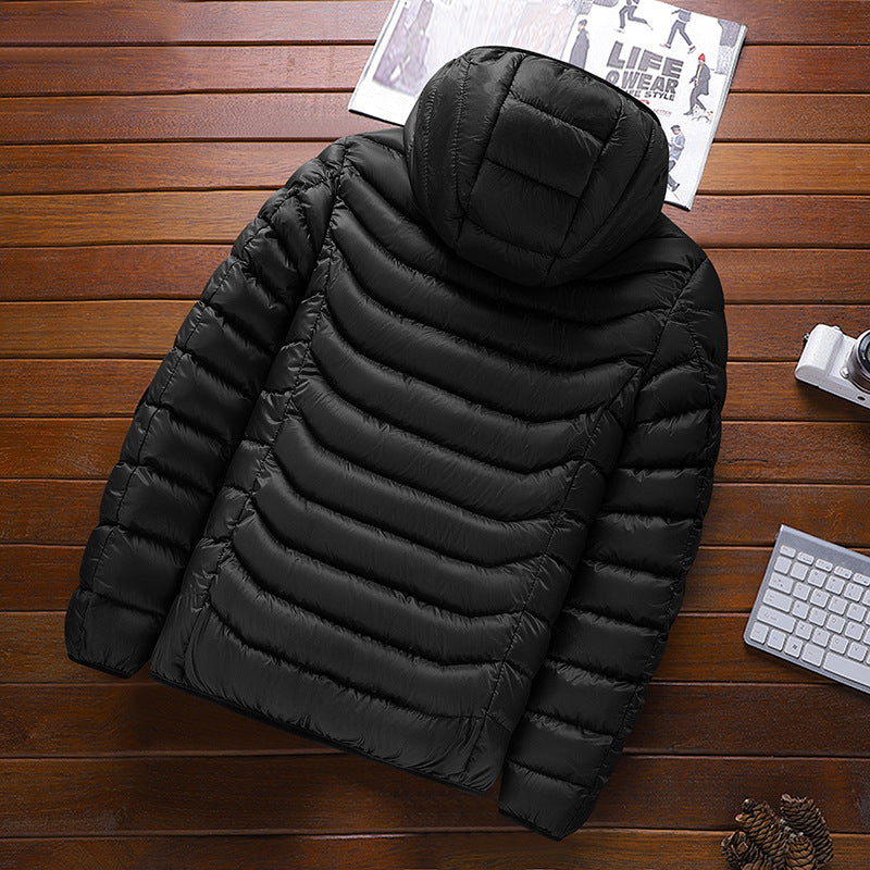Herr ultralight quiltad ner jacka med huva, vindresistent ytterskal och packing function