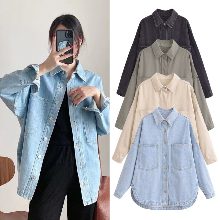 Dam Oversize Jeans Skjortjacka med Patch Fickor och Rounded Nederkant