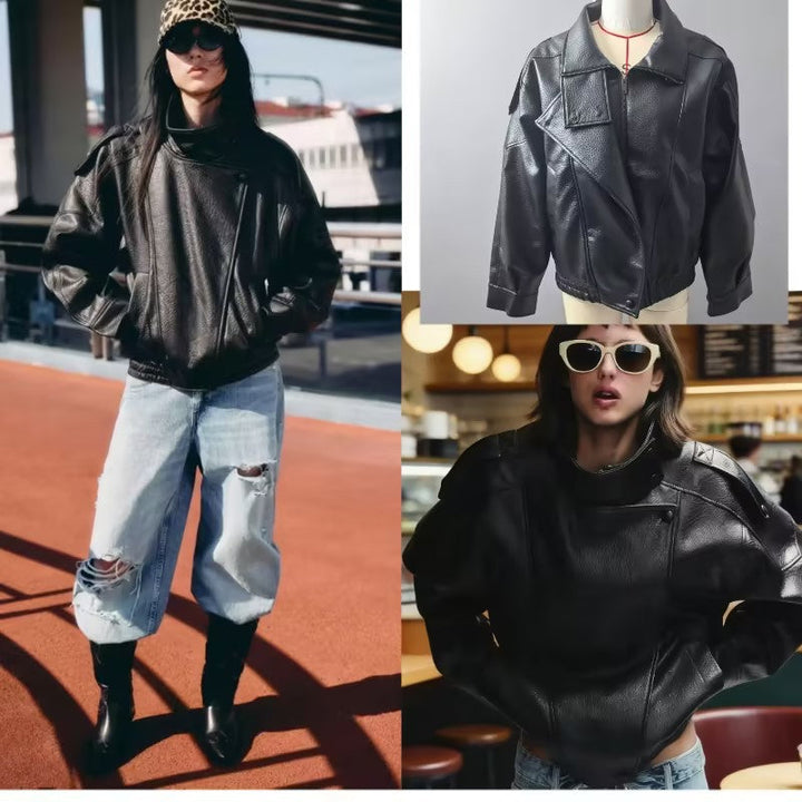 Dam Oversized Konstläder Biker Jacka med Asymmetric Lapel, Ståkrage, och Midjedragsko